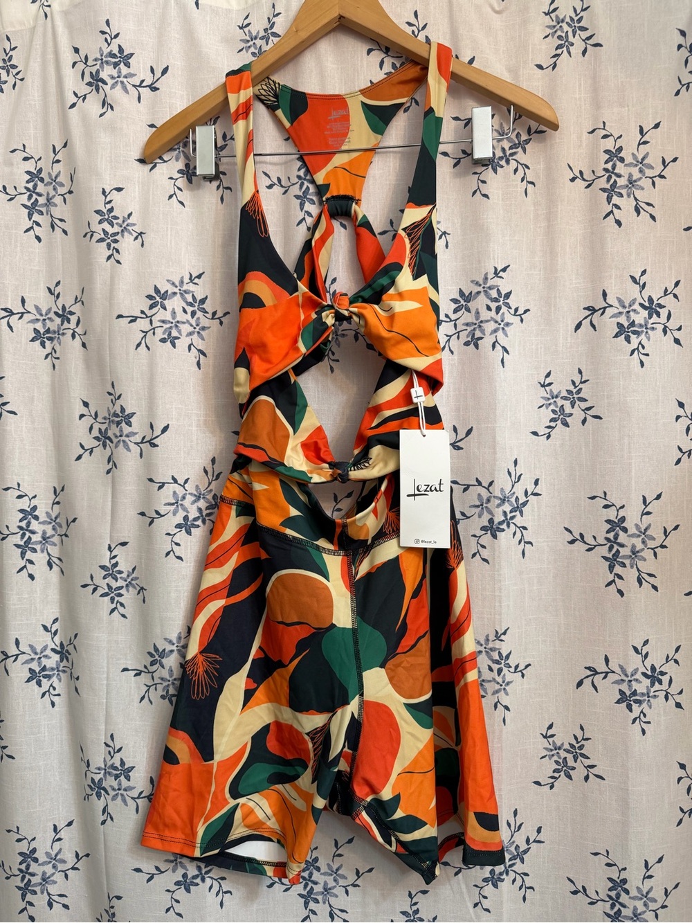 Lezat Cutout Tie-Front Romper in Orange, Green & Black